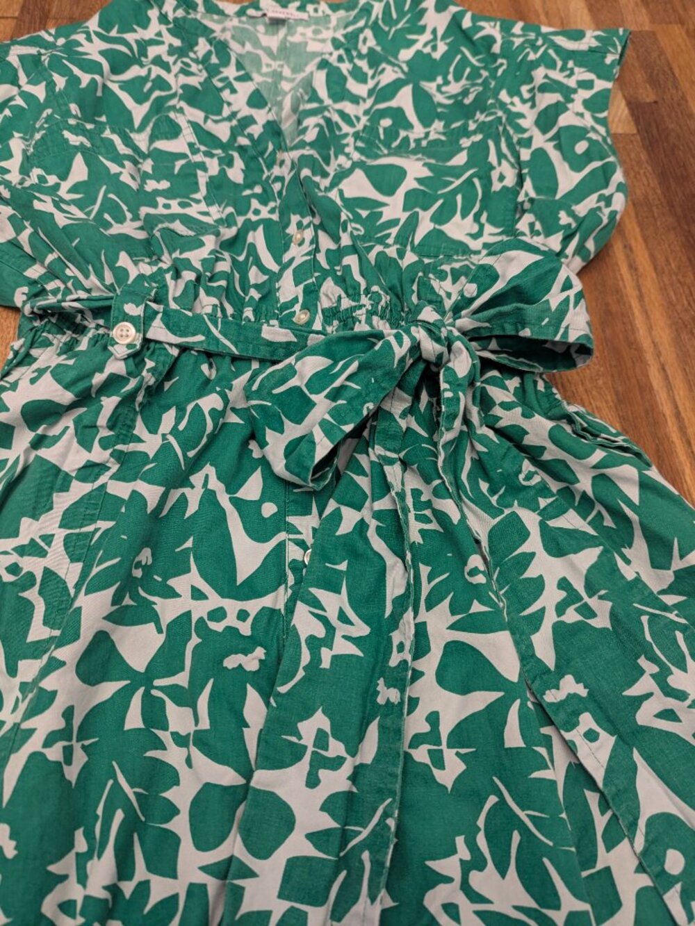 Chic Green and White Tropical Print POCKETS Safari Look Dress Free Assembly XL - Picture 6 of 10
